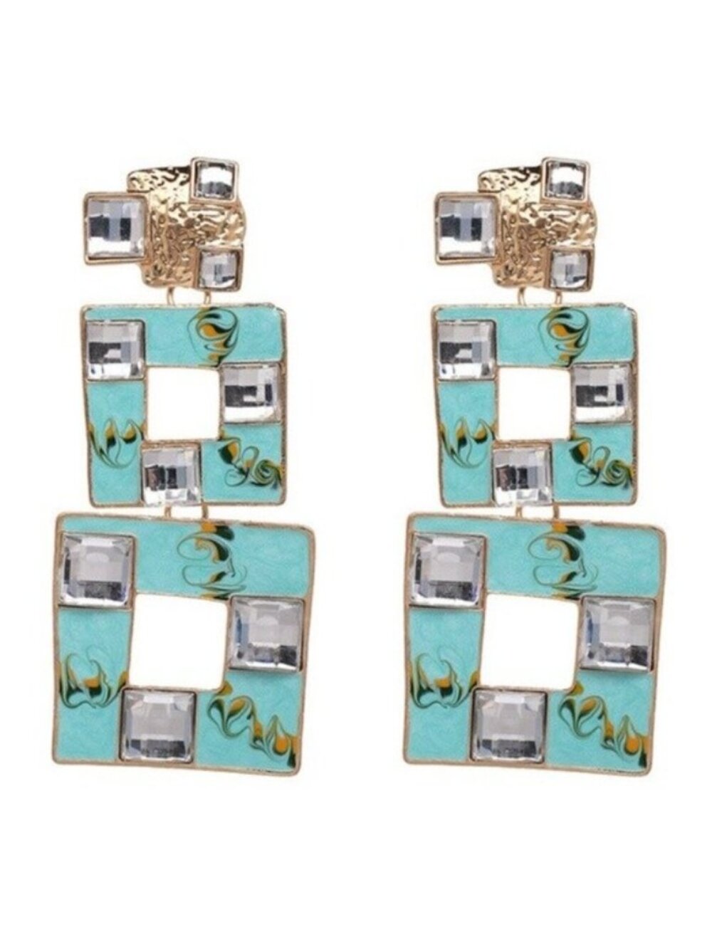 Blue Square Retro Vintage Long Rhinestone Gold Drop Statement Earrings